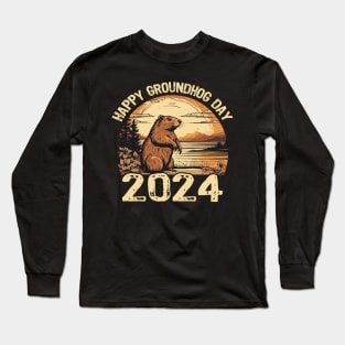 Retro Happy Groundhog Day 2024 Vintage Ground Hog Holiday Long Sleeve T-Shirt